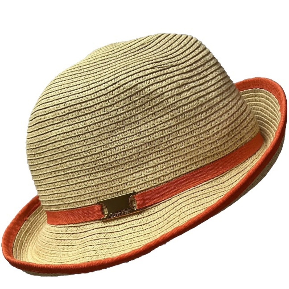Summer Beach Designer Calvin Klein Straw Fedora Hat One Size Natural Orange NEW